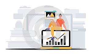 Guy with movie and growth graph . The repress of able score plan . digital commercialize concept. Trendy style, Vector