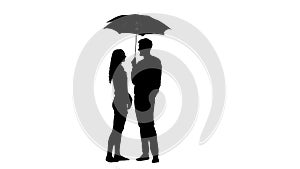 Guy opens the umbrella and they kiss the girl. White background. Silhouette