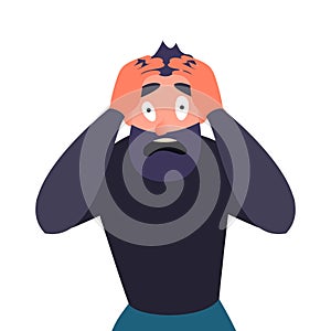 Guy in panic attack, terrified. Cartoon character screams in horror and clings to his head. Man with a migraine