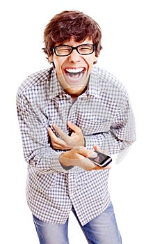 Guy with phone shrieking with laughter photo