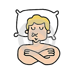 Guy on pillow sleeps cartoon. Sleeping man drawing