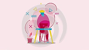 A Guy In Pink Outfits And Red Trousers Working Casually From Home Vector Character Illustration Design