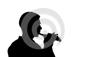 The guy is playing the flute. White background, black silhouette. Isolated. Copy space.