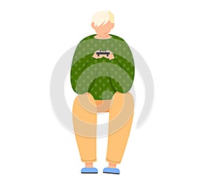 Guy plays video games. Young man gamer gaming with gamepad controller, holding joystick in hands