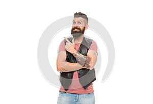 Guy pointing with index finger. Product recommendation concept. Barbershop and beard grooming. Styling beard and