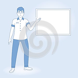 Guy points with his hand to a blank whiteboard