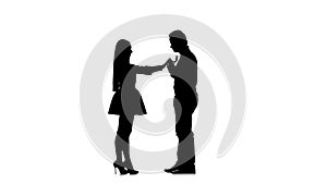 Guy proposes to marry the girl she says no. Silhouette. White background. Slow motion