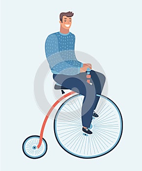 Guy on retro vintage old bicycle vector illustration.