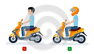 The guy rides a moped with a helmet and without a helmet, and safety regulations.