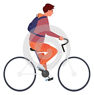 Guy riding bicycle side view. Street road transport