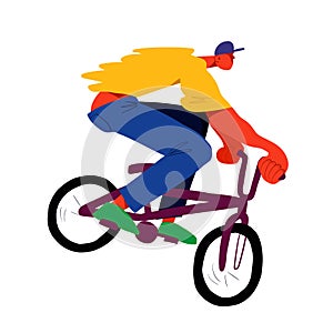 Guy riding on bmx, disproportionate overtone flat vector illustration, isolated overexaggerated bicyclist on white background.