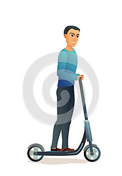 Guy riding electric scooter. Young man with transport. Comic fun person. Cute cartoon style. Isolated on white