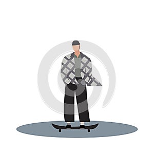 Guy riding on skateboard wearied in checkered shirt and hat. Flat cartoon character on isolated white background.