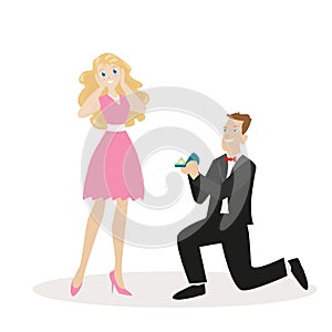 Guy with the ring on his knee makes a proposal to the girl. Flat character isolated on white background. Vector