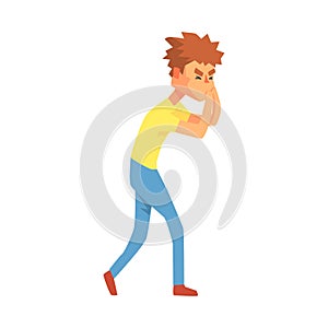 Guy Running To Vomit Nauseous, Adult Person Feeling Unwell, Sick, Suffering From Illness