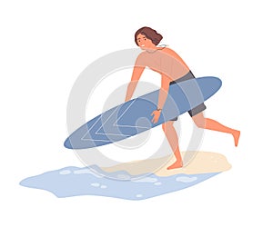 Guy running to water from sand beach carrying surfboard vector flat illustration. Smiling surfer man practicing seasonal