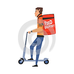 Guy on Scooter Delivering Food with Backpack Box, Male Courier Character with Parcel on his Back, Food Express Delivery