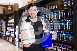 guy seller demostration different sport nutrition photo