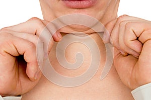 The guy shows the second chin