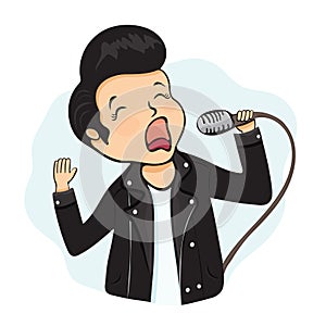 Guy sing into the microphone, cartoon character, hand drawing. Boy with hair laid in a coc in black leather jacket holds a