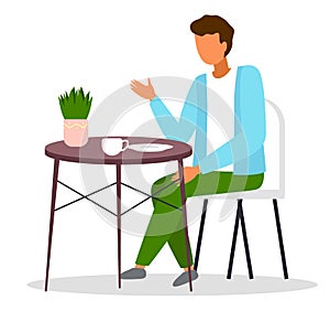 Guy sits at round coffee table and drinks tea, green potted plant. Stay home. Flat illustration