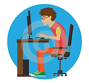 The guy is sitting at the computer. Vector. photo