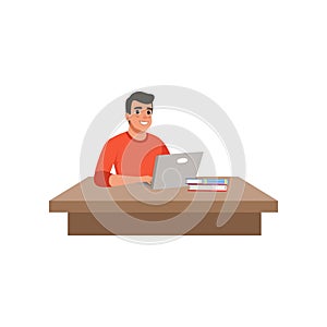 Guy sitting at the desk and studying using his laptop computer, student in learning process vector Illustration on a