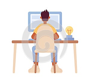 Guy sitting at table with computer semi flat color vector character