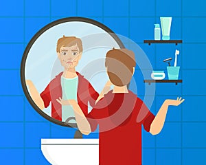 Guy with Skin Problems Looking at Himself into Mirror in Bathroom Vector Illustration