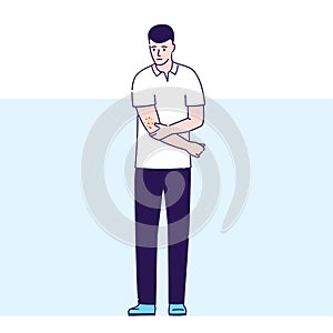 Guy with skin rash vector illustration. Dermatological diseases. Itchy spots on body. Isolated cartoon character on blue