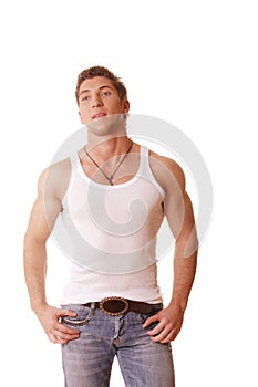 Guy in sleeveless shirt and jeans
