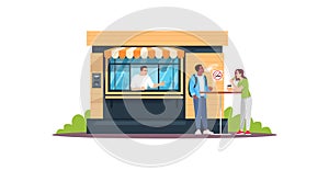 Guy smoking next to snack bar semi flat RGB color vector illustration photo