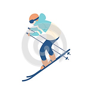 Guy in snow suit skiing. Man on skis, sportsman or freerider taking part in downhill or slalom competition. Extreme