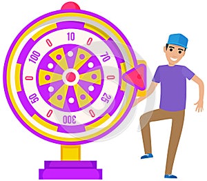 Guy spinning wheel of fortune to win prize. Young man dancing and celebrating victory, jackpot