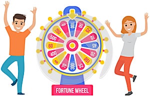 Guy spinning wheel of fortune to win prize. Young man dancing and celebrating victory, jackpot