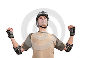 Guy in sports helmet with rised hands