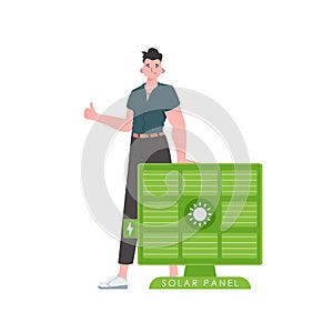 The guy is standing near the solar panel. Green energy concept. Isolated. trendy style. Vector illustration.