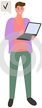 Guy stands with laptop and clicks checkmark icon. Man working with computer, confirming order