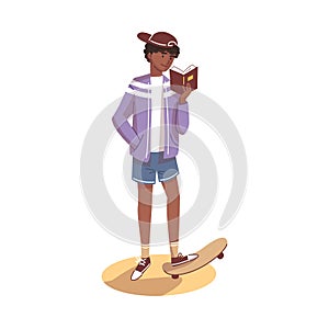 The guy stands with one foot on a skateboard