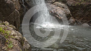 Guy Stands on Rock Jumps into River Pool at Waterfall