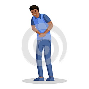 Guy with stomach ache vector illustration. Young african american man suffering from abdominal pain cartoon character