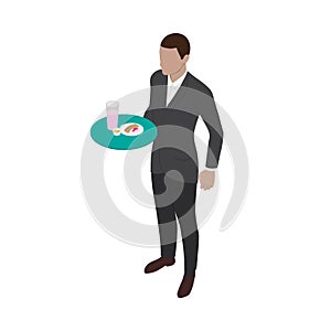 Guy in suit stands with a tray of food. Male waiter in isometric view