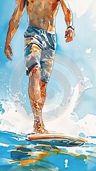 Guy on sup board in sea. Blue sky, sun shining. Bright clean watercolor illustration on white background.