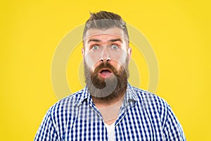 Guy surprised face expression. Hipster with beard and mustache emotional surprised expression. Rustic surprised macho