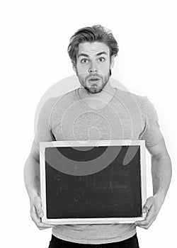 guy or surprised man holding blackboard isolated on white background