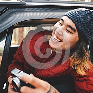 Guy Taking Pictures Outdoors Concept