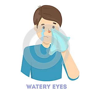 Guy in tears. Symptom of flu or cold
