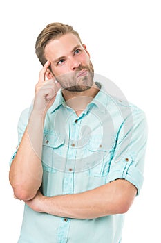 Guy thoughtful touches his temple. Think to solve. Man with bristle serious face thinking white background. Thoughtful