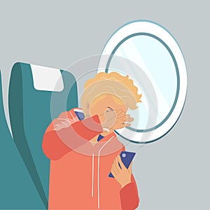 The guy travels by plane. The passenger is worried, holding a phone in his hand. The concept of a safe flight. Vector illustration