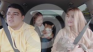 A guy and two girls are driving in a car with a cat and a dog. People and animals ride in a car